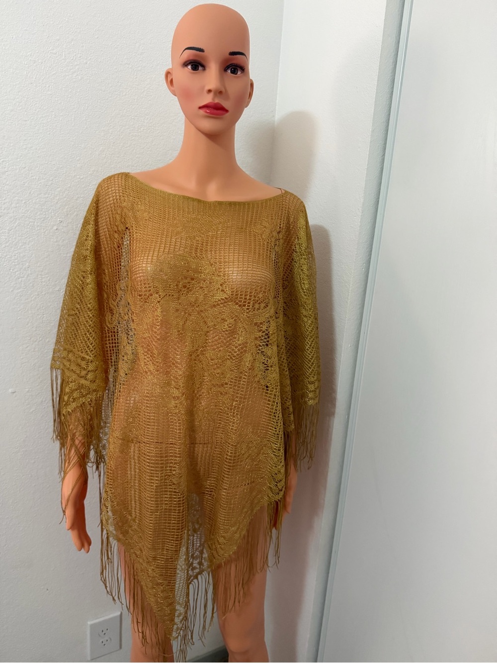 Gold Crochet Lace Fringe Boho Beach Cover Up One Size